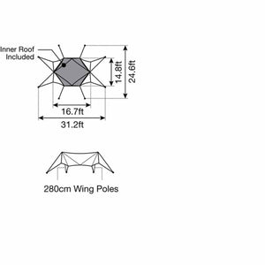 Snow Peak tent dimensions diagram showing top and side views with measurements