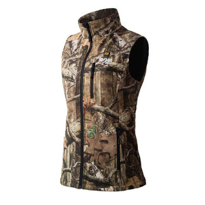 Gobi Heat women's heated vest in camouflage print with black zipper and collar