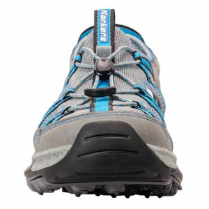 Front view of grey and blue Korkers water shoe with toggle lacing system