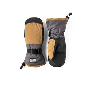 Hestra brown and grey insulated winter mittens with adjustable wrist straps