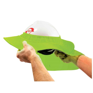 Chill-Its lime green hard hat brim shade being attached to a white hard hat