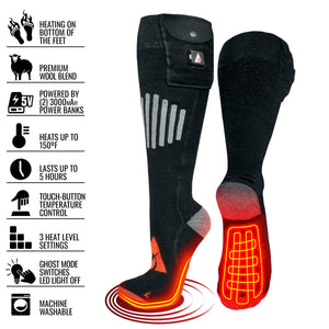 ActionHeat black heated wool blend socks with battery pack and feature list
