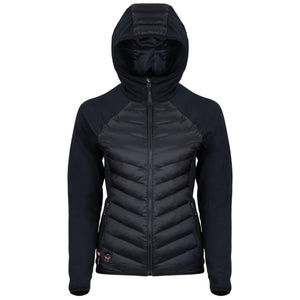 Black hooded hybrid jacket with quilted insulated front panel and softshell sleeves