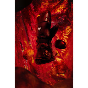 Auclair black leather heated mitten with logo on red textured background