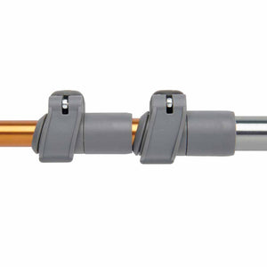 Close up of two grey plastic locking mechanisms on a telescopic pole