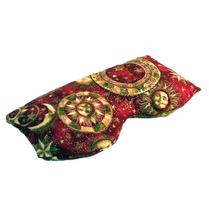 Red eye pillow with gold sun moon and star celestial print