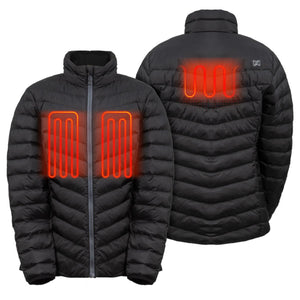 Mobile Warming black heated puffer jacket showing front and back heating elements