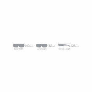 Smith Optics sunglasses sizing diagram showing lens width 140mm lens height 62mm and temple length 125mm