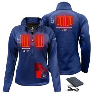 ActionHeat blue heated fleece pullover showing heating element locations and battery pack