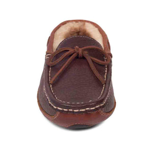 Cloud Nine Sheepskin brown leather moccasin slipper with cream shearling lining and front tie