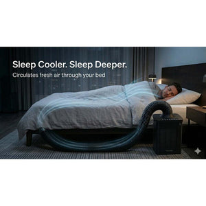 Trucool bed cooling system with hose circulating air under bed covers while person sleeps