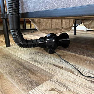 Mattress Cooler fan unit with flexible hose connected under a bed frame