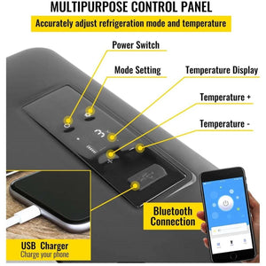 Mattress Cooler control panel diagram showing power switch mode setting temperature display and USB charging port