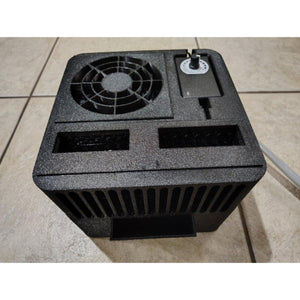 Mattress Cooler black cooling unit with fan and power dial on tiled floor