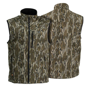 Mobile Warming camo print vest showing front and back views