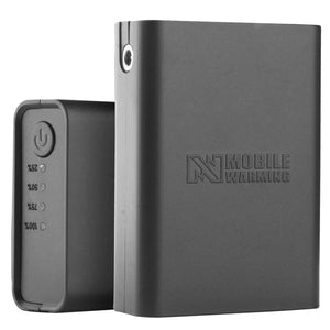 Mobile Warming black portable power bank with power button and battery level indicator lights