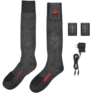 Meister heated socks with two battery packs and a wall charger
