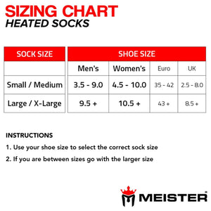Meister heated socks sizing chart showing shoe size conversions for small medium and large extra large sizes
