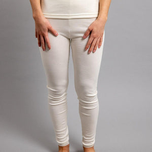 Merino Skins cream merino wool leggings with lace trim at ankles