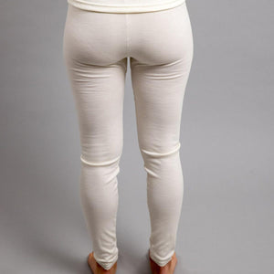 Back view of Merino Skins cream thermal leggings with lace trim at the ankles