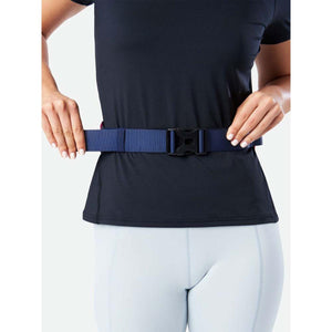 Person wearing a blue Nathan waist belt with a black plastic buckle