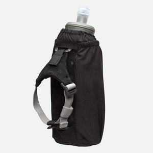 Black handheld water bottle with adjustable strap and pull top cap