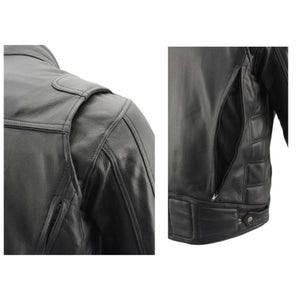 Close up of black leather motorcycle jacket showing shoulder vents and side zipper ventilation