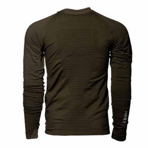 Olive green long sleeve base layer shirt with textured back panel and Heated logo on sleeve