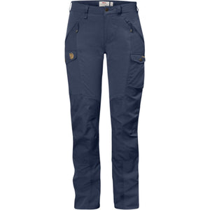 FjallRaven navy blue trekking trousers with zippered pockets and reinforced knees