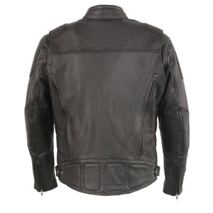Back view of Milwaukee Leather black motorcycle jacket with zippered vents and padded lower back