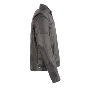 Side view of a black Milwaukee Leather motorcycle jacket with zippered pockets and snap waist adjustments