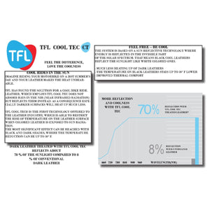 Milwaukee Leather TFL Cool Tec technology infographic explaining heat reflection properties of treated leather