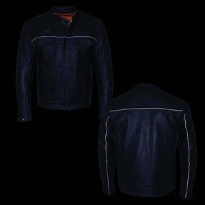 Milwaukee Leather black motorcycle jacket with reflective piping front and back views