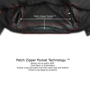 Milwaukee Leather jacket interior showing patch zipper pocket technology for easy patch attachment