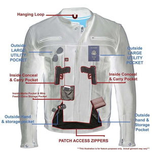 Milwaukee Leather jacket feature diagram showing pocket locations and storage capabilities