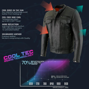 Milwaukee Leather black motorcycle jacket featuring Cool Tec sun reflective technology and thermal performance graph