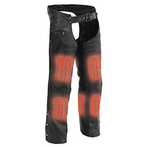 Milwaukee Leather black heated leather motorcycle chaps with red heating element overlays