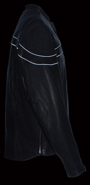 Milwaukee Leather black motorcycle jacket with reflective piping detail on the shoulder