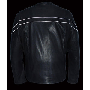 Back view of a black Milwaukee Leather motorcycle jacket with white reflective piping across the shoulders