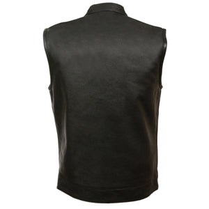 Back view of a plain black leather vest