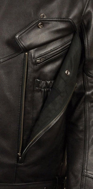 Milwaukee Leather black motorcycle jacket with open chest vent and snap button closure