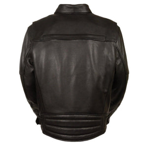 Back view of a black Milwaukee Leather motorcycle jacket with a quilted lower back panel
