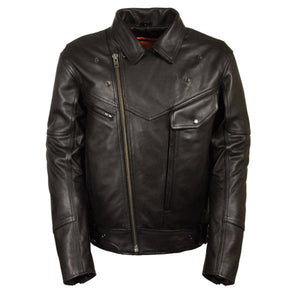 Milwaukee Leather black motorcycle jacket with asymmetrical zipper and chest pockets