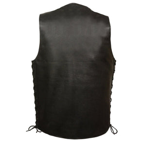 Back view of Milwaukee Leather black leather vest with side lace detailing