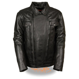 Milwaukee Leather black leather motorcycle jacket with snap button chest pockets and collar