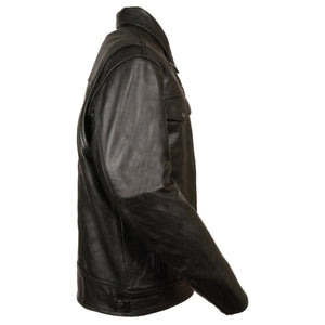 Side profile of a Milwaukee Leather black leather motorcycle jacket