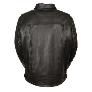 Back view of a black Milwaukee Leather motorcycle jacket with vertical vents