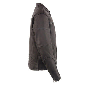 Side view of a black leather motorcycle jacket with zippered pockets and reinforced elbow panels