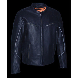Black leather motorcycle jacket with orange interior lining and zippered pockets