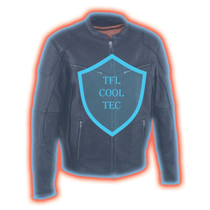 Black leather motorcycle jacket with TFL Cool Tec shield graphic